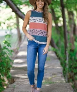 Twenty Second Teal And Coral Animal Print Tank