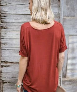 Zenana Rust Surplice Twist Front Hi Low Top Tops