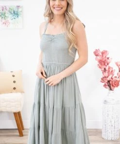 Be Cool Sage Smocked Bodice Tiered Skirt Dress Dresses