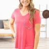 Shop Basic USA Pink V-Neck Top With Animal Print Trim Pocket Tops
