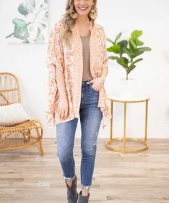 Heyson KIMONOS Coral And Ivory Floral Lace Trim Kimono