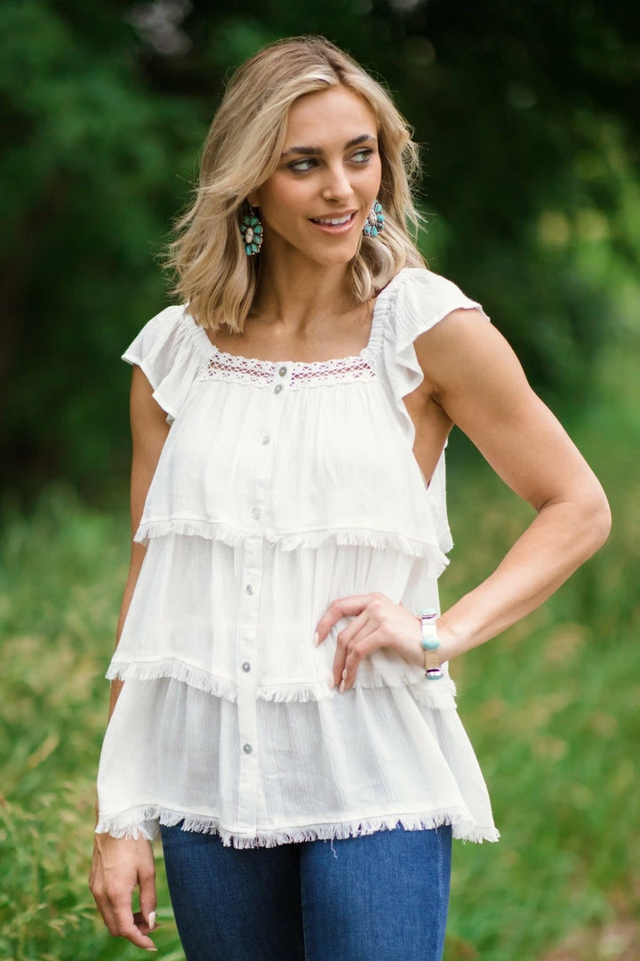 Doe & Rae Tops Off White Fray Hem Button Up Top 4 Doe & Rae Tops Off White Fray Hem Button Up Top