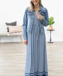 Tua Fashion, INC. Cobalt And White Geometric Print Maxi Dress