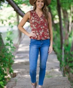 PERSEPTION Tops PRE-ORDER Rust And Mustard Floral Print V-Neck Tank Shipping 8/1