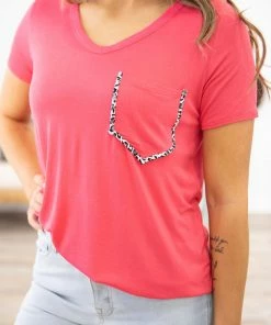 Shop Basic USA Pink V-Neck Top With Animal Print Trim Pocket Tops