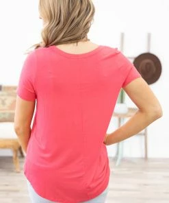 Shop Basic USA Pink V-Neck Top With Animal Print Trim Pocket Tops