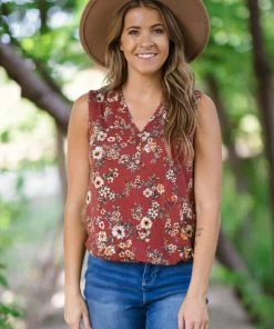 PERSEPTION Tops PRE-ORDER Rust And Mustard Floral Print V-Neck Tank Shipping 8/1