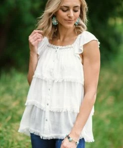 Doe & Rae Tops Off White Fray Hem Button Up Top