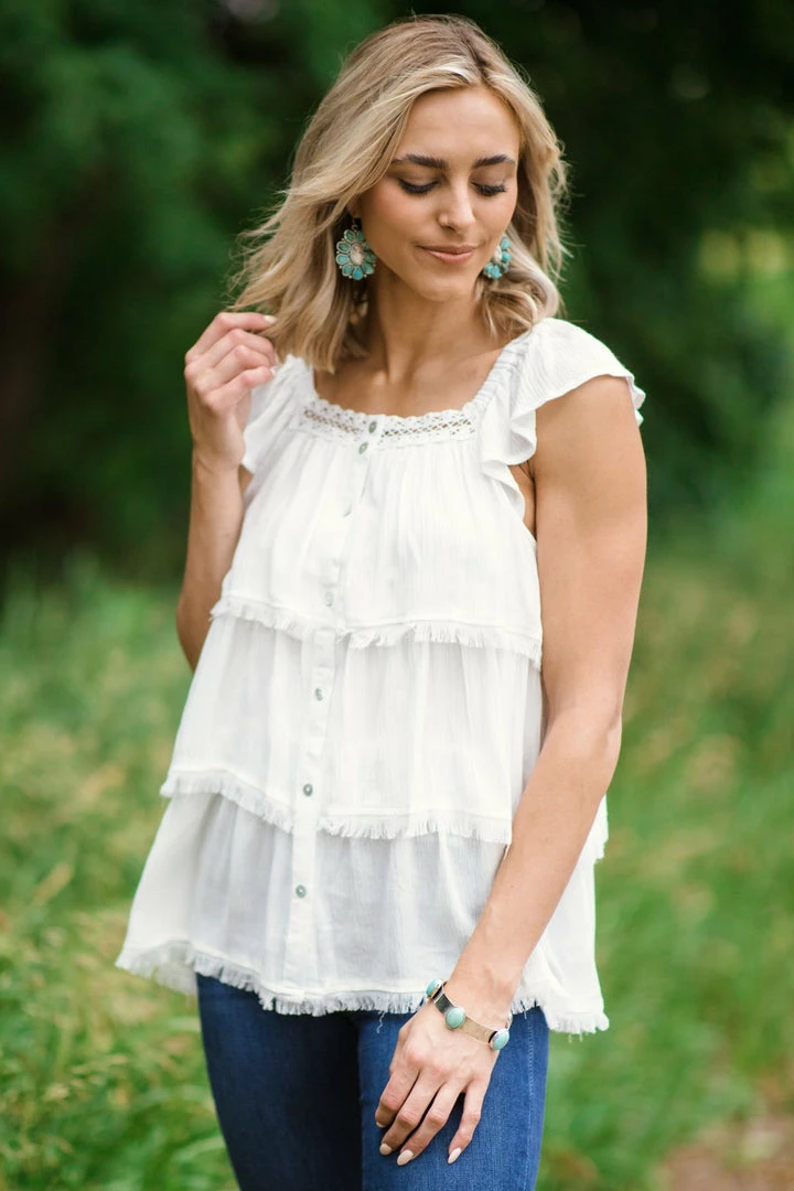 Doe & Rae Tops Off White Fray Hem Button Up Top 3 Doe & Rae Tops Off White Fray Hem Button Up Top