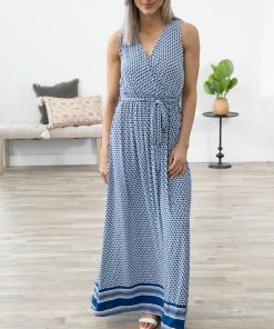 Tua Fashion, INC. Cobalt And White Geometric Print Maxi Dress
