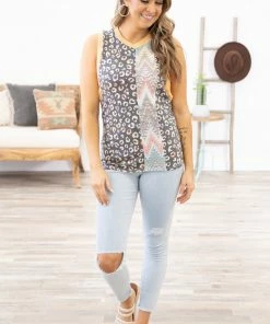 Sugarfox Tops Graphite Multicolor Animal And Chevron Tank