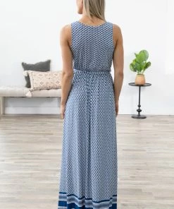Tua Fashion, INC. Cobalt And White Geometric Print Maxi Dress
