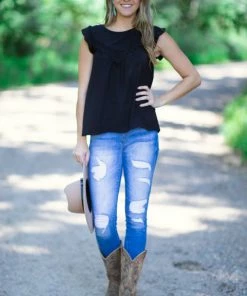 7th Ray Black Flutter Sleeve Top With Crochet Detail Tops