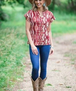 Perseption Burgundy And Ivory Abstract Print Top Tops