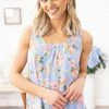 PS KATE Sky Blue Multicolor Floral Pleat Detail Tank