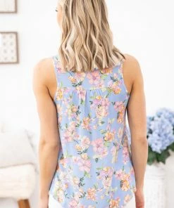 PS KATE Sky Blue Multicolor Floral Pleat Detail Tank