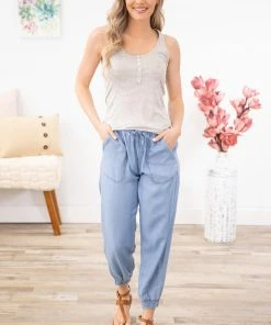 Love Tree Light Wash Elastic Waist Jogger Pant Bottoms