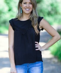 7th Ray Black Flutter Sleeve Top With Crochet Detail Tops
