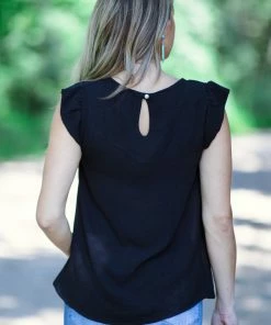 7th Ray Black Flutter Sleeve Top With Crochet Detail Tops