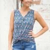 Tua Fashion, INC. Slate Blue Multicolor Floral Twist Hem Tank