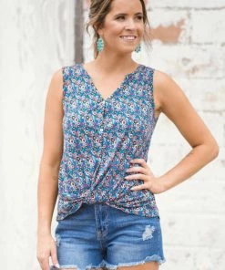 Tua Fashion, INC. Slate Blue Multicolor Floral Twist Hem Tank
