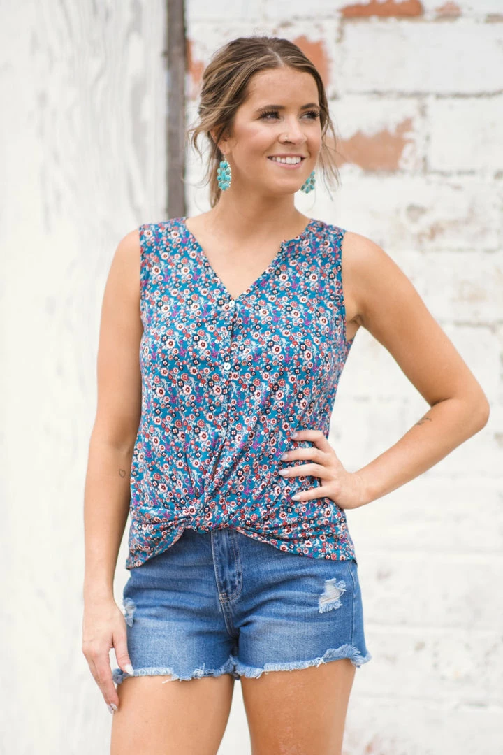 Tua Fashion, INC. Slate Blue Multicolor Floral Twist Hem Tank 3 Tua Fashion, INC. Slate Blue Multicolor Floral Twist Hem Tank