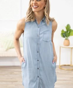 Staccato Dresses Light Wash Button Up Denim Dress
