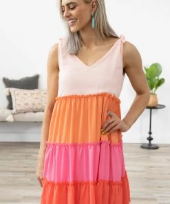 Hailey And Co Coral And Pink Colorblock Tiered Dress Dresses