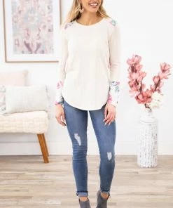 7th Ray LONG SLEEVES Cream Cable Knit Top With Floral Back