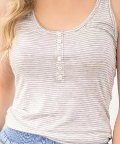 7th Ray TANK TOPS Grey And White Mini Stripe Tank With Buttons