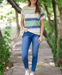 Viamor Light Olive Multicolor Stripe Top Tops