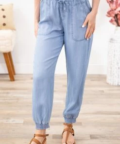 Love Tree Light Wash Elastic Waist Jogger Pant Bottoms