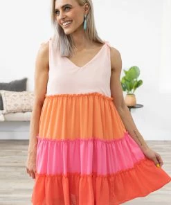 Hailey And Co Coral And Pink Colorblock Tiered Dress Dresses