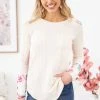 7th Ray LONG SLEEVES Cream Cable Knit Top With Floral Back