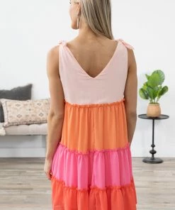 Hailey And Co Coral And Pink Colorblock Tiered Dress Dresses