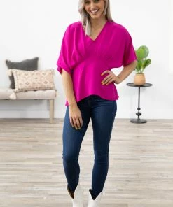 Gilli Fuchsia Pleated V-Neck Peplum Top Tops