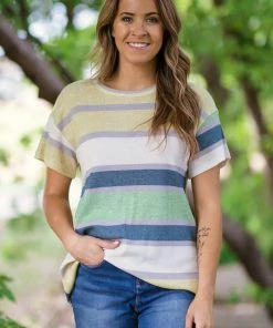 Viamor Light Olive Multicolor Stripe Top Tops