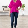Gilli Fuchsia Pleated V-Neck Peplum Top Tops