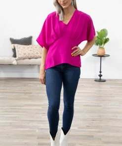 Gilli Fuchsia Pleated V-Neck Peplum Top Tops