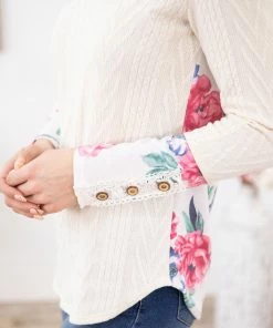 7th Ray LONG SLEEVES Cream Cable Knit Top With Floral Back