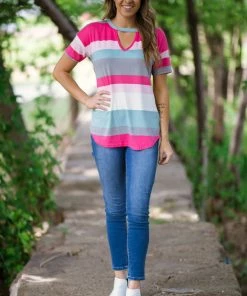 VIAMOR Hot Pink Multicolor Stripe Top With Cutout