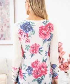 7th Ray LONG SLEEVES Cream Cable Knit Top With Floral Back