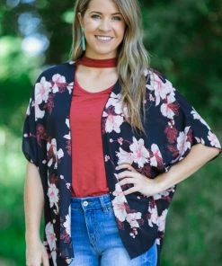 IJoah Black Multicolor Floral Print Kimono Tops