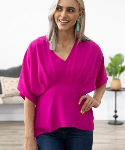 Gilli Fuchsia Pleated V-Neck Peplum Top Tops