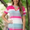 VIAMOR Hot Pink Multicolor Stripe Top With Cutout
