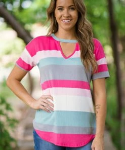 VIAMOR Hot Pink Multicolor Stripe Top With Cutout