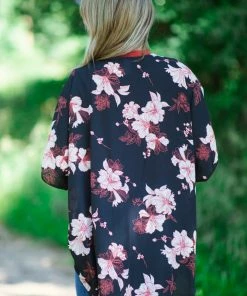 IJoah Black Multicolor Floral Print Kimono Tops