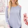 7th Ray Dusty Blue Cable Knit Top With Floral Back LONG SLEEVES