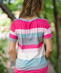 VIAMOR Hot Pink Multicolor Stripe Top With Cutout