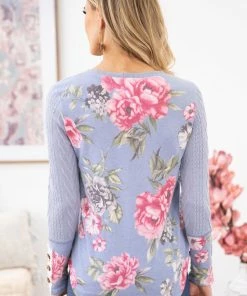 7th Ray Dusty Blue Cable Knit Top With Floral Back LONG SLEEVES